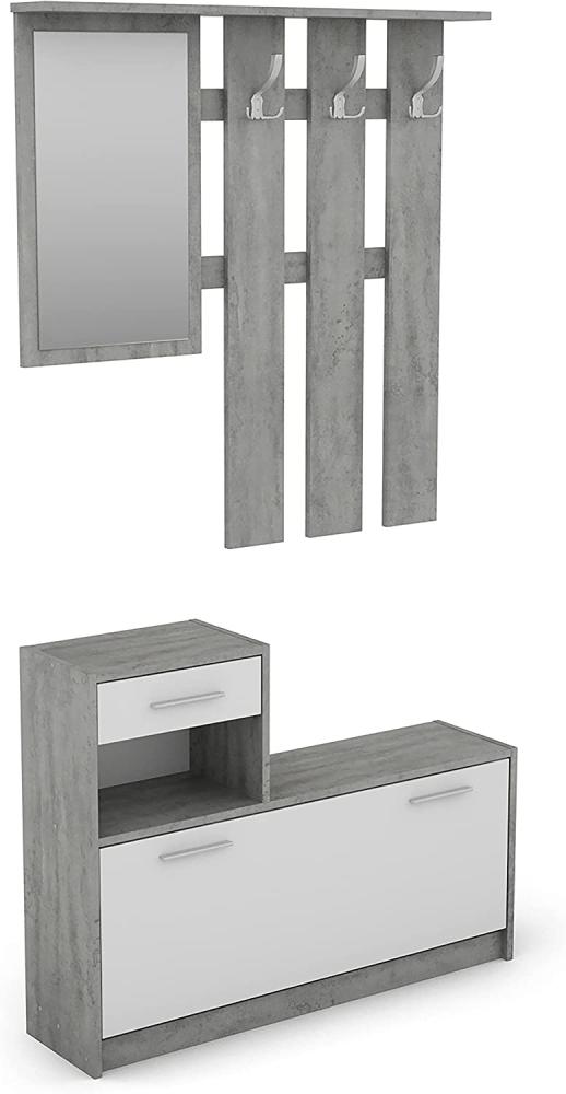 byLIVING Garderoben-Set TAMINA / Kommode mit Schuhschrank + hängende Garderobe mit Spiegel / Beton Optik grau / Fronten Weiß / Flur-Schrank / Schränke / Regal / 100 x 190 x 25 cm (B x H x T) Bild 1