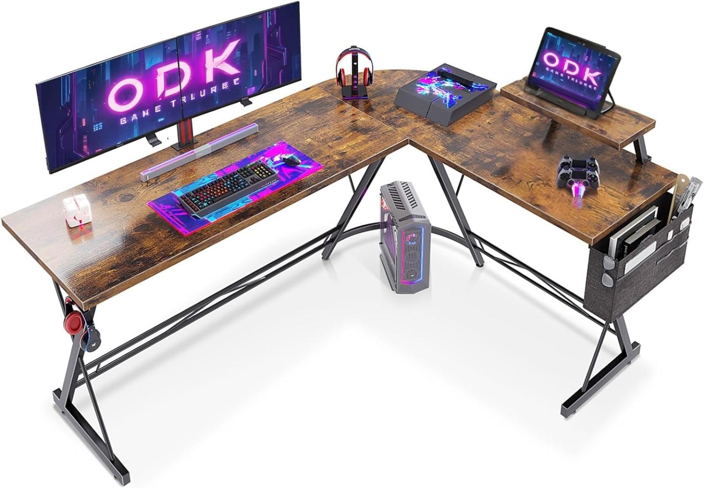 ODK Gaming Tisch, Computertisch, Gaming Schreibtisch mit runder Ecke, Gaming-Tisch mit Monitorablage (Weinlese, 167 x 120 cm) Bild 1