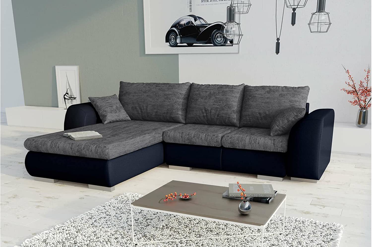 Stylefy Salturo Ecksofa Strukturstoff BERLIN Kunstleder MADRYT Grau Schwarz Links Bild 1