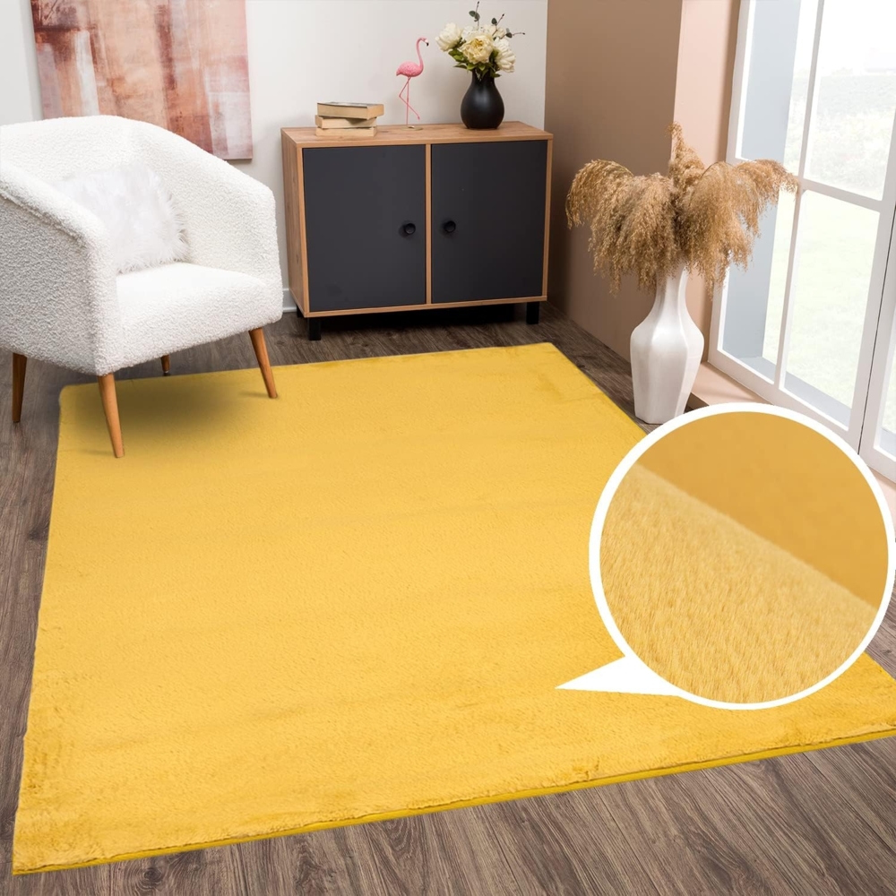 Teppich Wohnzimmer Hochflor - Einfarbig Gelb - 200x290cm - Kuschelig Weich Samtweich - Schlafzimmer Dekoration - Deko Teppiche Bild 1