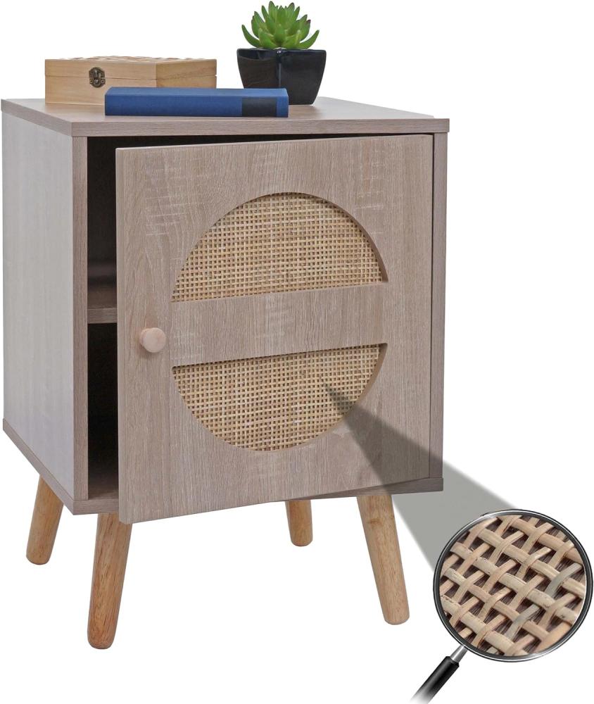 Nachttisch HWC-M35, Kaffeetisch Beistelltisch, Staufächer, Kubu Rattan Holz Melamin, Eiche-Optik 56x40x40cm Bild 1