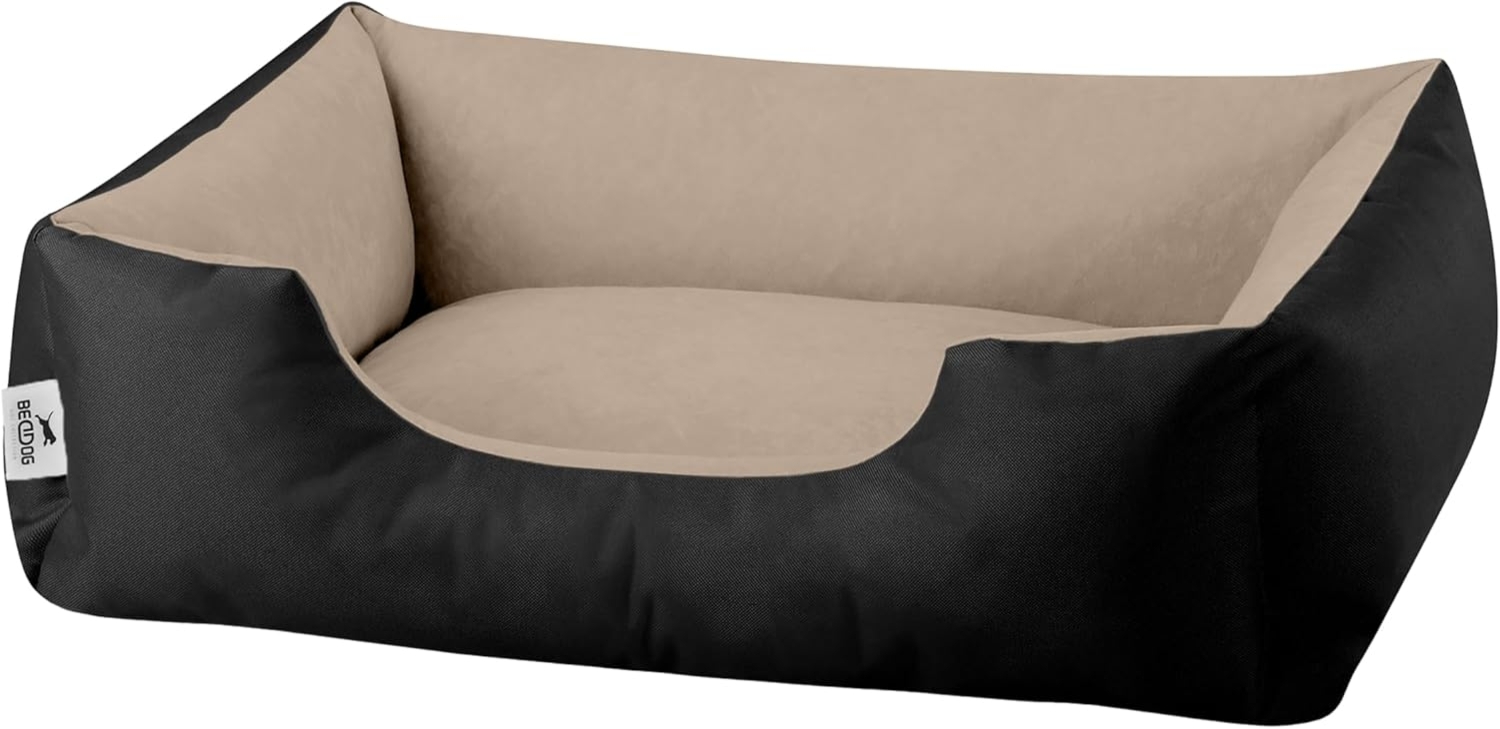 BedDog Hundebett LUPI, Hundesofa aus Cordura, Microfaser-Velours, waschbares Hundebett mit Rand, Hundekissen vier-eckig (M) ca. 70x55x18cm, NAMIB-BLACK (schwarz/beige) Bild 1