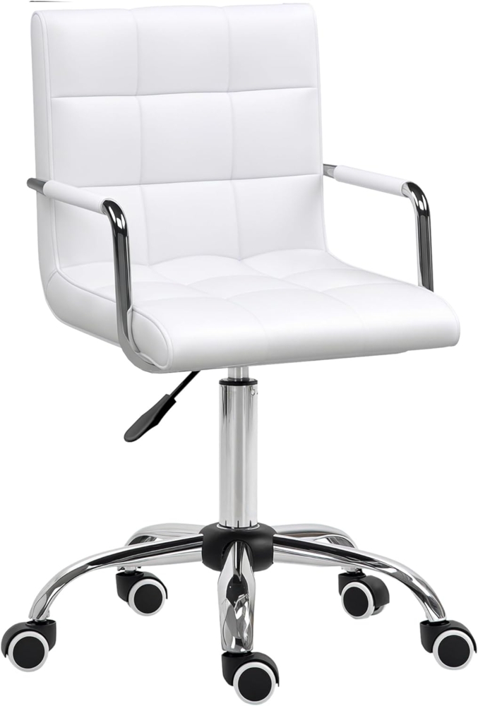 HOMCOM Bürostuhl Drehstuhl Kosmetikhocker Rollhocker Drehhocker Arbeitshocker Chefsessel Stuhl Schreibtischstuhl Metall PU Weiß 52,5 x 54 x 84-99 cm Bild 1