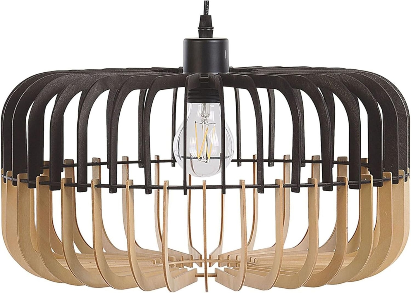 'Sous' Hängeleuchte heller Holzfarbton/Schwarz MDF-Platte/ Metall mit Schirm in Trommelform skandinavischer Stil für Kücheninsel Wohn- und Esszimmer Bild 1