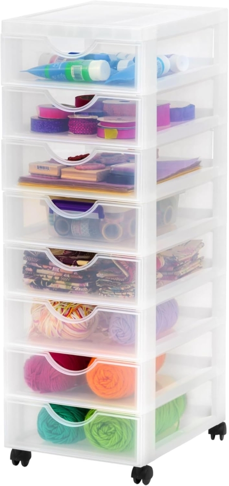Iris Ohyama Kunststoff-Schubladenbox mit Rollen, 8 flachen Schubladen, Frostweiß, Griffe zum Ziehen, Für Schlafzimmer, Schule & Büro, BPA-frei, Schubladenschrank, Rollcontainer, A4 Drawer, DDDC-380 Bild 1