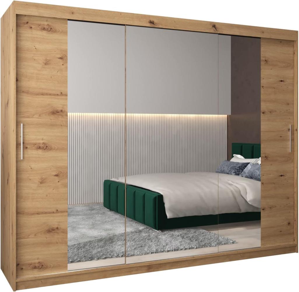 Kryspol Schwebetürenschrank Tokyo 2-250 cm mit Spiegel Kleiderschrank mit Kleiderstange und Einlegeboden Schlafzimmer- Wohnzimmerschrank Schiebetüren Modern Design (Artisan Eiche) Bild 1