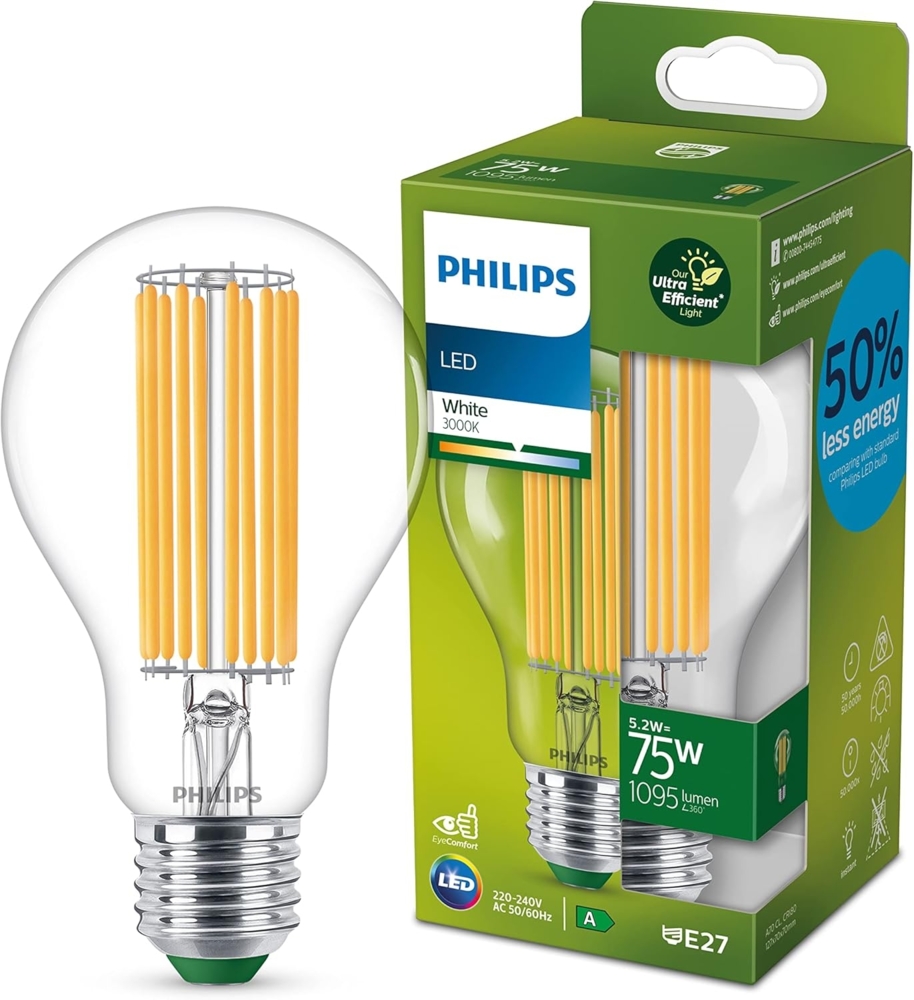 PHILIPS LED Classic ultraeffiziente E27 Lampe (75 W), LED Lampe mit neutralweißem Licht, energiesparende Lampe mit langer Nutzlebensdauer, Energieeffizienzklasse A, Warmweiß Bild 1