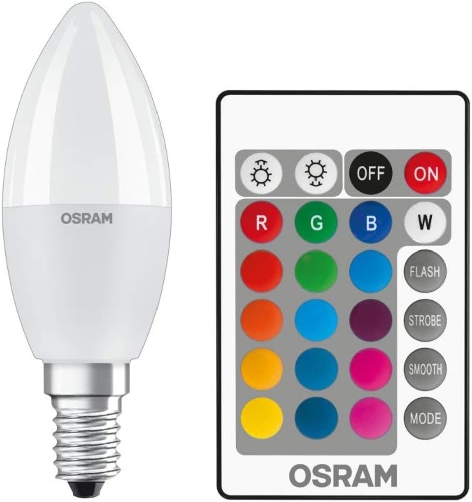 OSRAM STAR+ RGBW LED Lampe mit E14 Sockel, RGB-Farben per Fernbedienung änderbar, 5.5W, Kerzenform, Ersatz für 40W-Glühbirne, matt, LED Retrofit RGBW lamps with remote control, 4er-Pack Bild 1