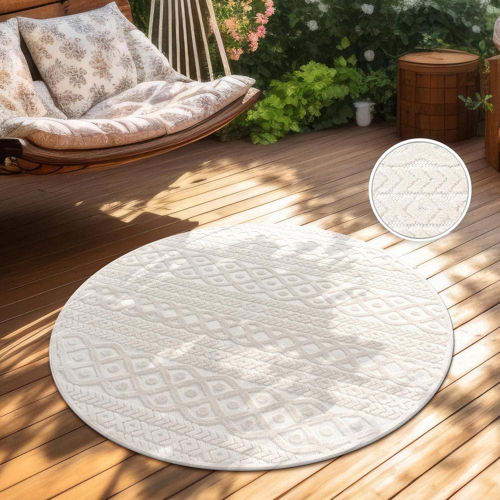 Paco Home Outdoor Teppich Wetterfest Balkon Wohnzimmer Skandinavisches Boho Muster Einfarbig Geometrisch 3D Effekt Moderne Deko, Grösse:120 cm Rund, Farbe:Creme 4 Bild 1