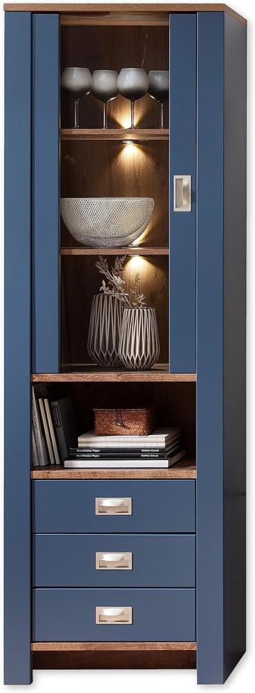 DIJON Vitrine in Parisian Blue, Haveleiche Cognac Optik - Moderner Vitrinenschrank mit LED-Beleuchtung und viel Stauraum - 65 x 201 x 38 cm (B/H/T) Bild 1