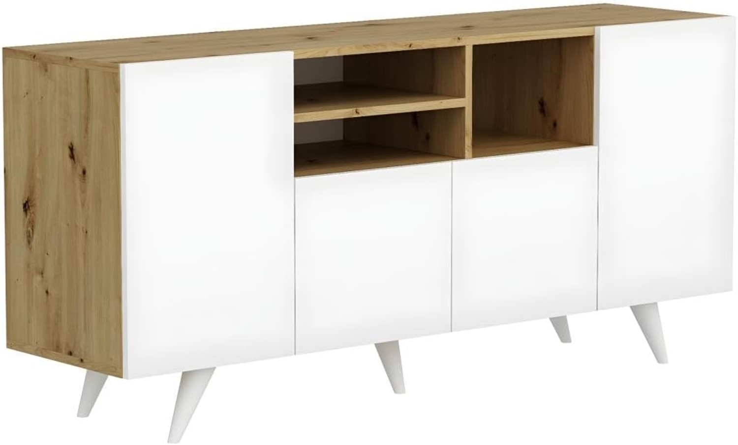 Vente-unique - Sideboard mit 4 Türen & 3 Regalfächern - Weiß & Holzfarben - MOSTIA Bild 1