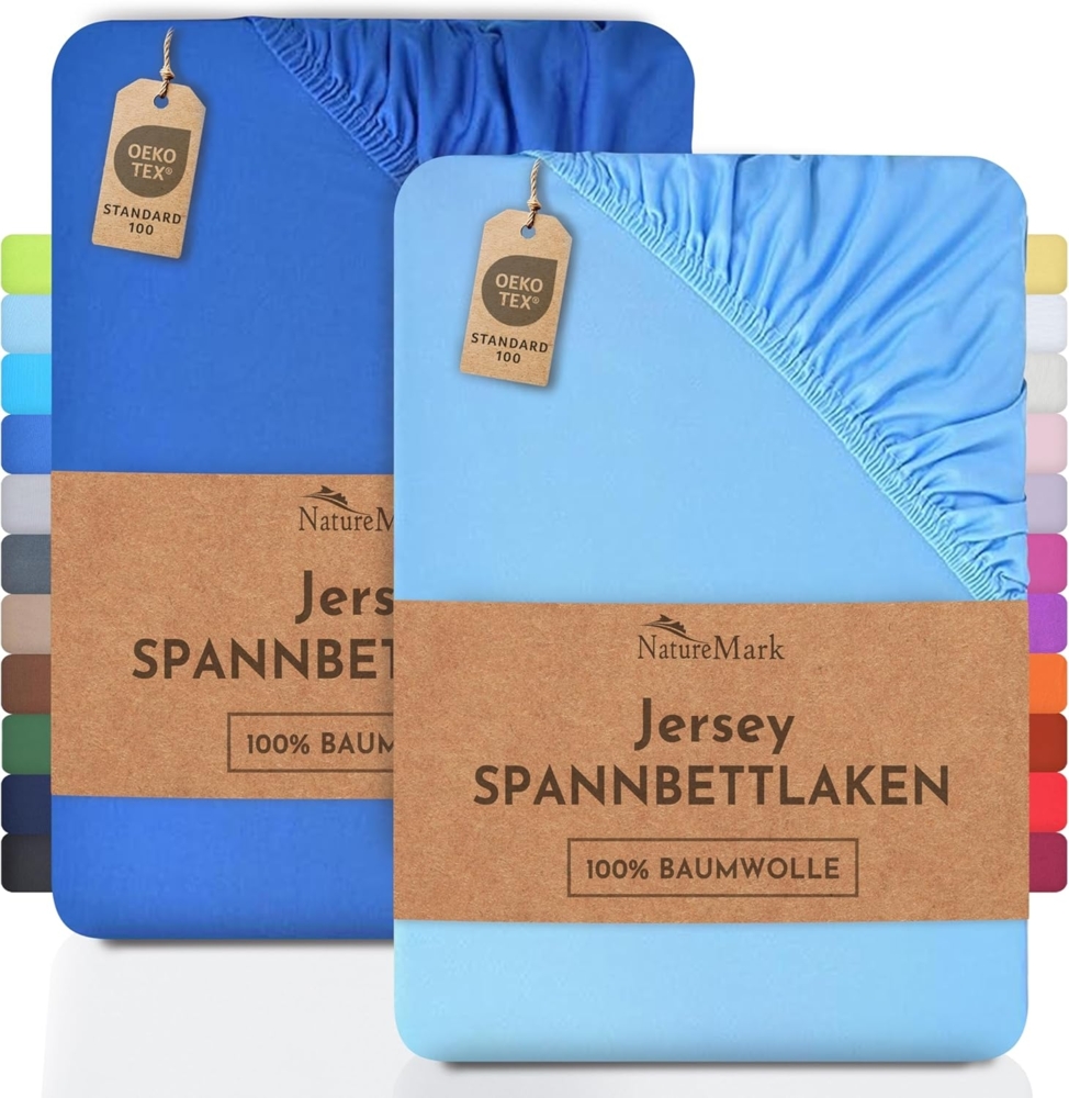 NatureMark 2er Pack Jersey Spannbettlaken, Spannbetttuch 100% Baumwolle in vielen Größen und Farben MARKENQUALITÄT ÖKOTEX Standard 100 | 180x200 cm - 200x200 cm - Hellblau/Royal Bild 1