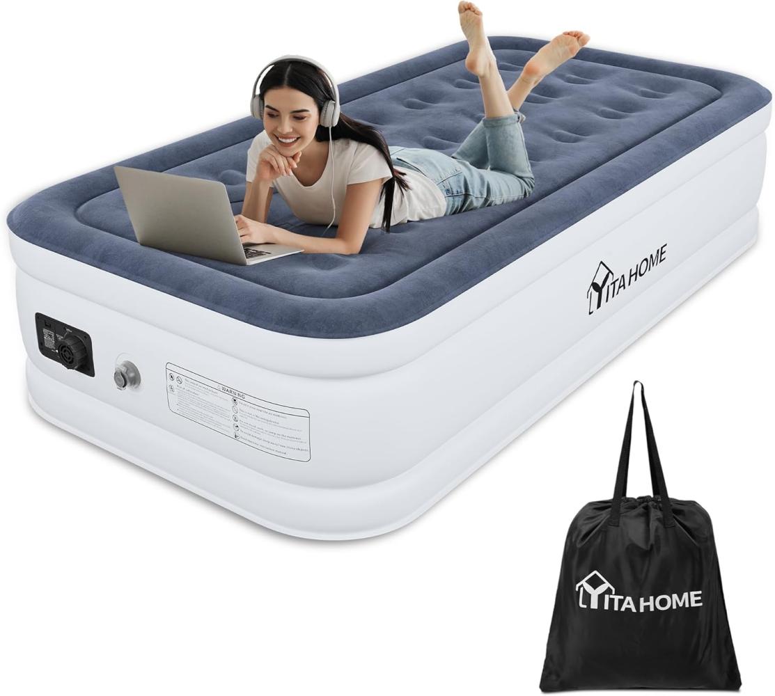 YITAHOME Luftmatratze Selbstaufblasend, Luftbett mit Integrierter Elektrischer Pumpe, Aufblasbare Matratze Bett mit Aufbewahrungstasche und Reparaturflicken für Gästezimmer, Camping, Weiß/Blaugrau Bild 1