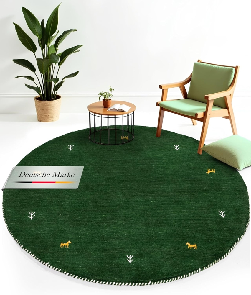 carpetfine Wollteppich Gabbeh Uni, reine Wolle, Grün, Ø 200 cm, rund Bild 1