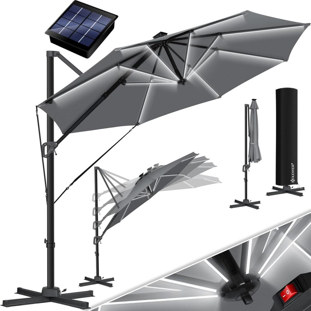 KESSER® Sonnenschirm Ampelschirm SUN Rund XL Inkl. Abdeckung, Windsicherung, 7-Fach Verstellbar, 360° Drehbar, Neigbar, Kippbar, Sonnenschutz UV50+, Mit LED, Anthrazit, Ø330 cm Bild 1