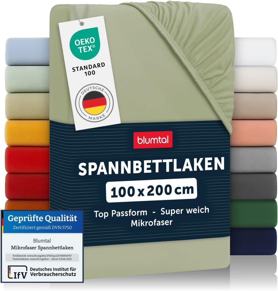 Blumtal® Spannbettlaken 100x200 cm 2er Pack - Bettlaken 100x200 Spannbettlaken aus Microfaser - Spannbetttuch 100x200 im 2er Set - Spannbettuch 100x200 - Leintuch 100x200 - Laken - Olive - Grün Bild 1