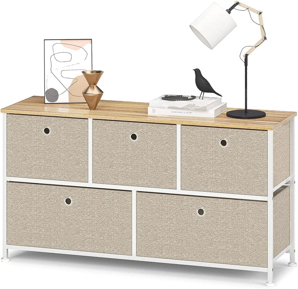 Kommode mit 5 Schubladen aus Stoff Sideboard Metall Schubladenschrank TV Schränke Organizer Kleideraufbewahrung Beistelltisch für Flur Schlafzimmer Küche Wohnzimmer Büro Stahl Holz Weiß & Beige Bild 1