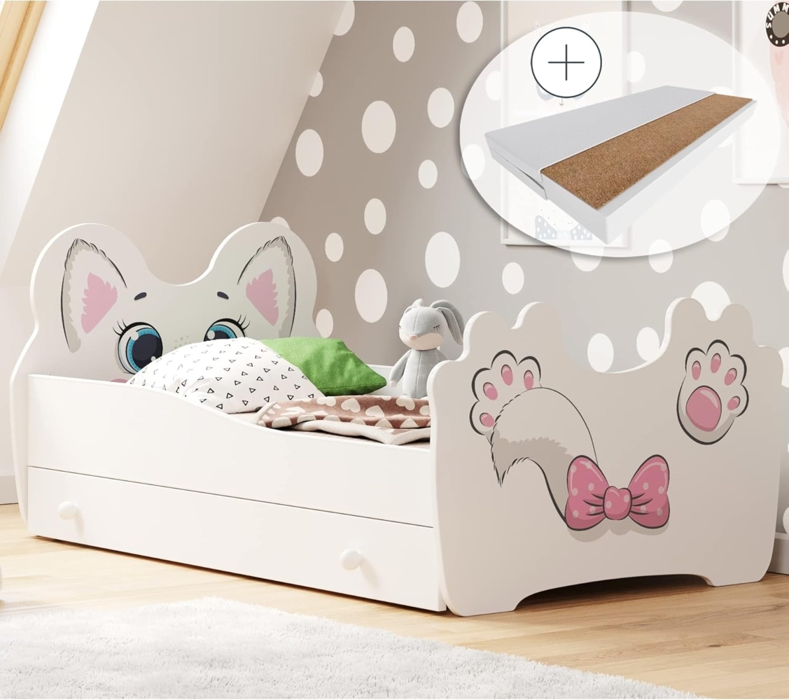 Kids Collective Kinderbett Jugendbett 70x140 80x160 mit Matratze, Schublade und Lattenrost, Katzenmotiv MDF Holz Made in Europe 70x140 cm Bild 1