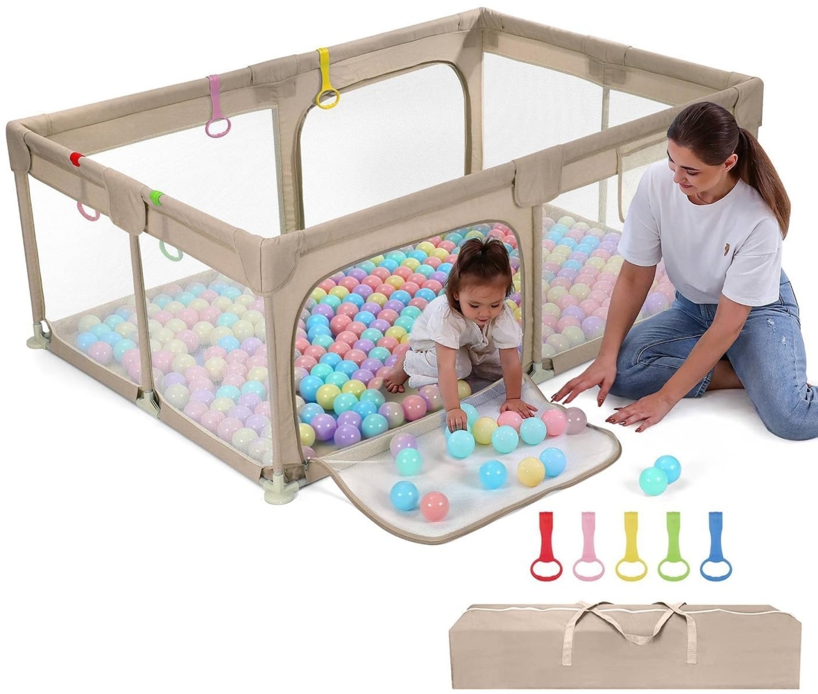 Dripex Laufgitter Laufgitter Laufgitter aus nachhaltigem Leinenstoff Laufgitter 120x180 cm XXL Kinderlaufgitter Großer Sicherheitsbereich mit 5 Laufgitterringen braun Bild 1