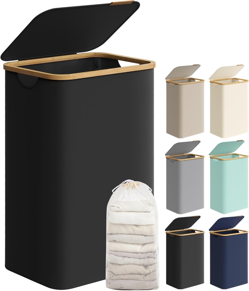 SONGMICS Wäschekorb mit Deckel und herausnehmbarem Wäschesack, zusammenklappbar, Bambus / Oxford-Gewebe tintenschwarz, 90 l Bild 1