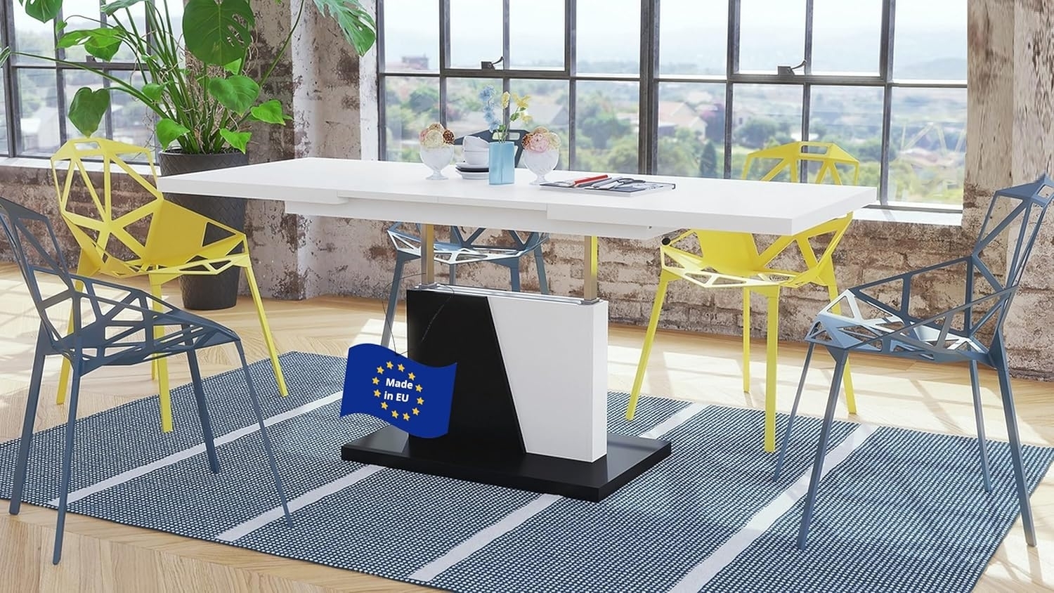 Design Couchtisch Tisch Grand Noir Weiß matt/Schwarz matt stufenlos höhenverstellbar ausziehbar 120 bis 180cm Esstisch Bild 1