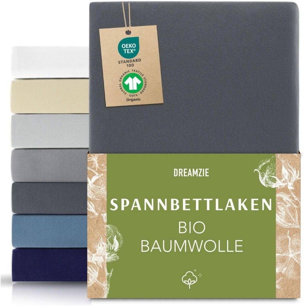 Dreamzie Premium Spannbettlaken 120x200 cm bis 130x200 cm Dunkelgrau, Spannbetttuch aus 100% Jersey Biobaumwolle, 150 g/m² - Oeko-TEX Bild 1