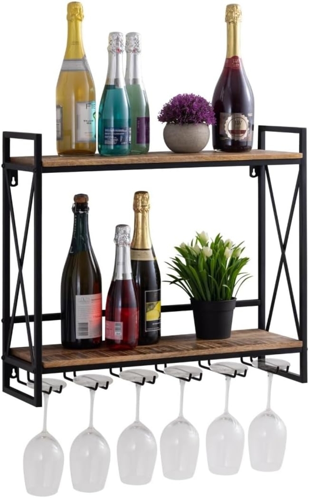 Amagohome Wandregal Weinregal Holz Hausbar Flaschenregal 60x45x25cm Mangoholz massiv Metal Bild 1