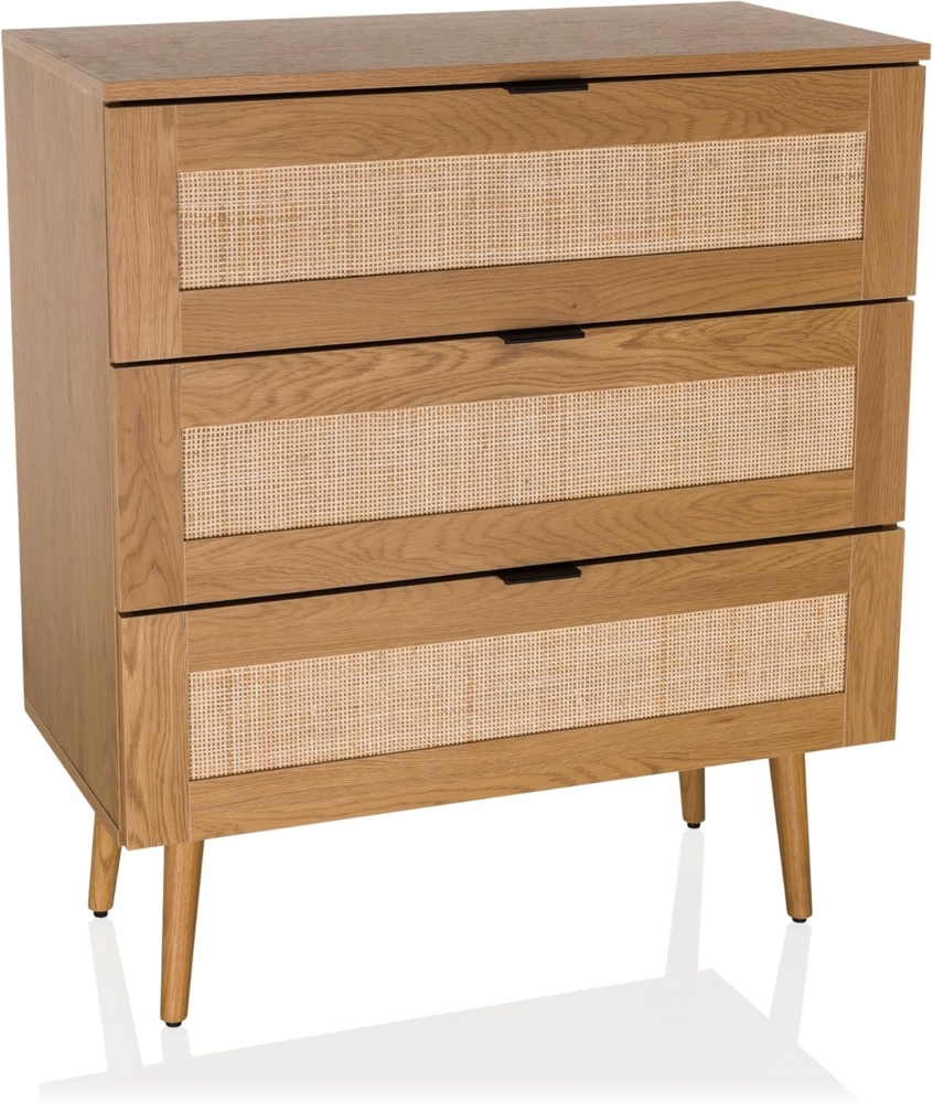 hjh LIVING Kommode mit Rattangeflecht 80 x 40 x 90 cm BOHEO K Schrank mit 3 Schubladen, Schubladenkommode mit viel Stauraum, Eiche-Optik Bild 1