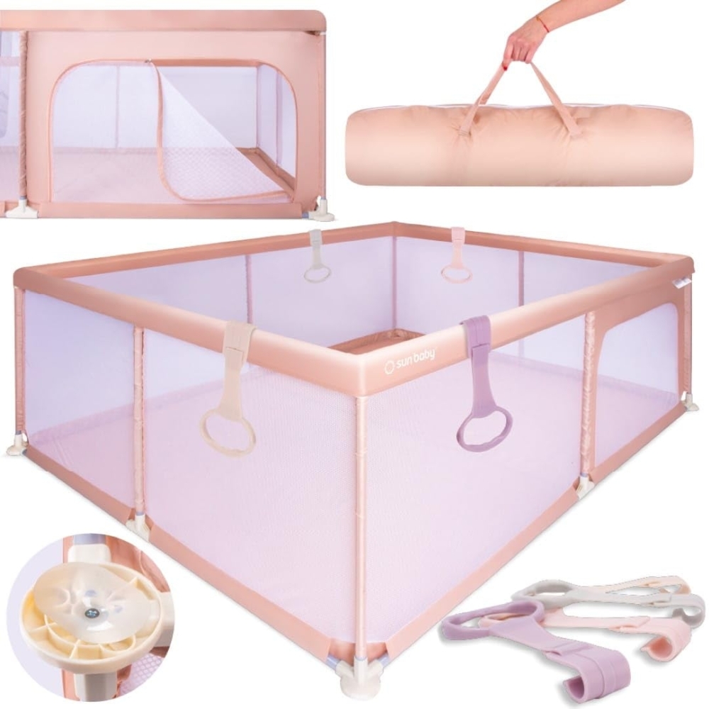 sun baby Laufstall mit rosa Griffen 150x200 cm 0-2 Jahre Lachs, Polyester, Netzwände, Eingang mit Reißverschluss, rutschfeste Füße, Tragetasche im Set, Metallrahmen Bild 1