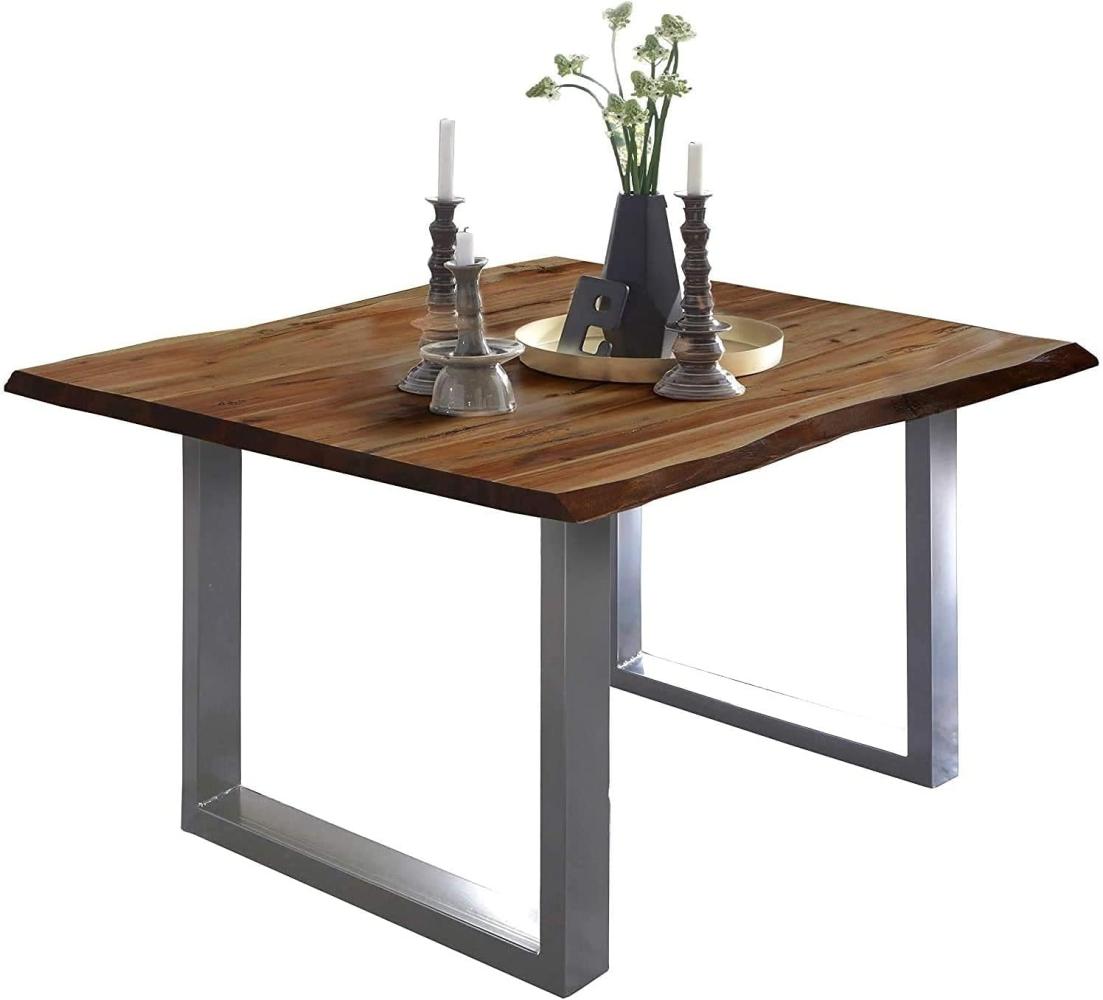 SAM Baumkantentisch 90x90 cm Mephisto, Akazienholz massiv + nussbaumfarben lackiert, Esstisch mit Silber lackiertem U-Gestell, Esszimmertisch/Holztisch im Industrial-Design, Tischplatte 26 mm Bild 1