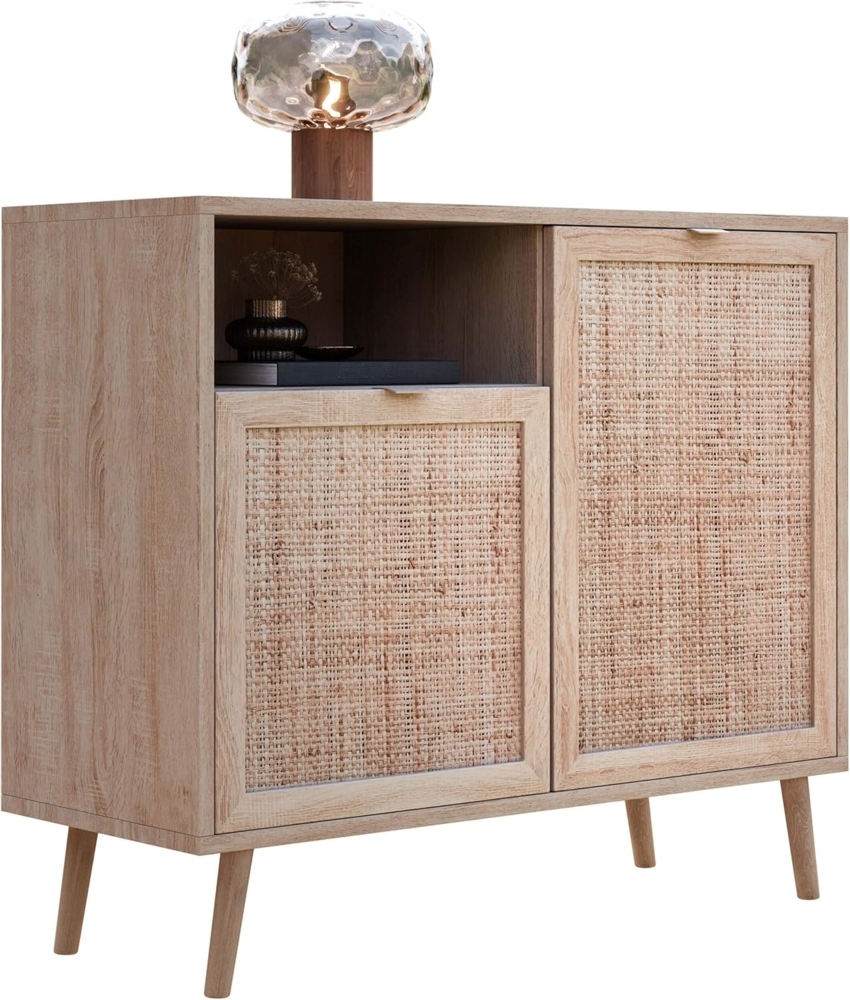 Newroom Sideboard Mila, Kommode Sonoma Eiche Rattan Modern Boho Skandinavisch Highboard Bild 1