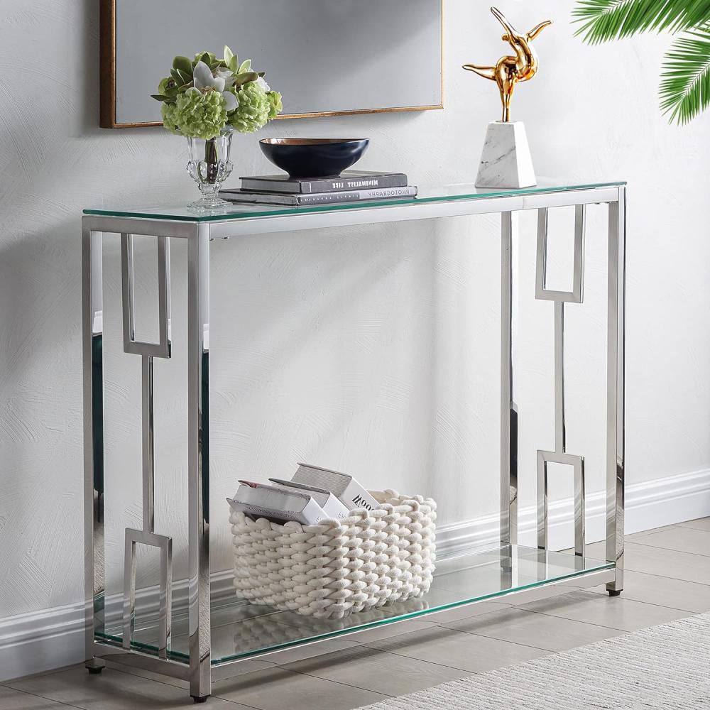 Konsolentisch aus Glas mit 2 Böden, Eingangstisch aus Hartglas Metall mit Glasplatte Flurtisch Chromgestell Sofatisch fürs Wohnzimmer,Flur,Schlafzimmer 103 x 30 x 78 cm Bild 1