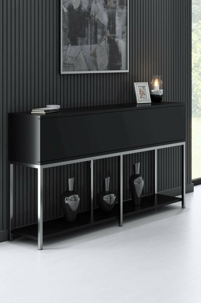 Dmora - Kommode Altair, Wohnzimmerbuffet, Wohnzimmer-Sideboard, Moderne Küchen-Speisekammer, 150x30h80 cm, Schwarz und Silber Bild 1