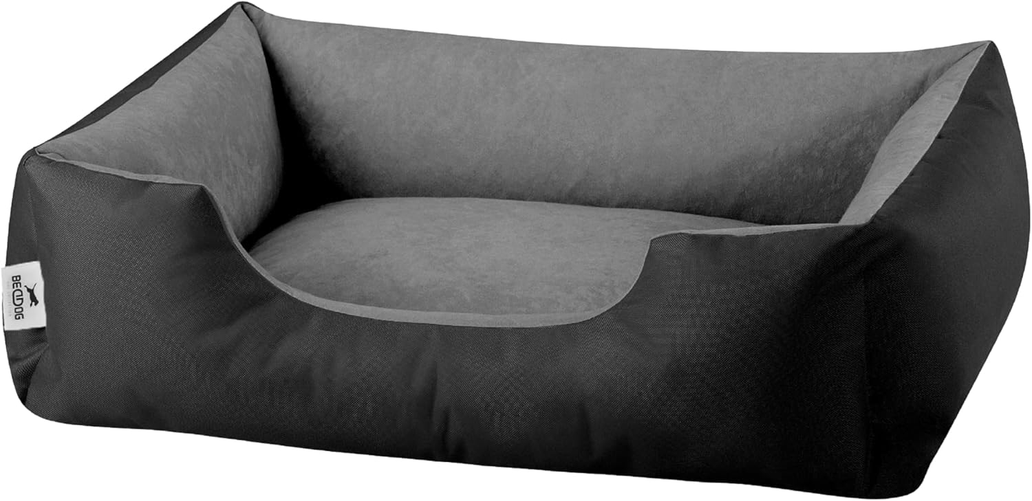 BedDog Hundebett LUPI, Hundesofa aus Cordura, Microfaser-Velours, waschbares Hundebett mit Rand, Hundekissen vier-eckig (M) ca. 70x55x18cm, THE-ROCK (schwarz/grau) Bild 1