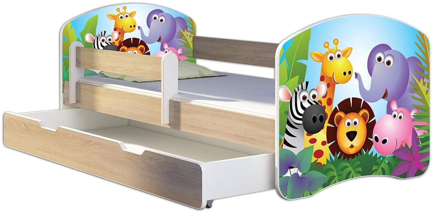 Kinderbett Jugendbett mit einer Schublade und Matratze Sonoma mit Rausfallschutz Lattenrost ACMA II 140x70 160x80 180x80 (01 Zoo, 160x80 + Bettkasten) Bild 1