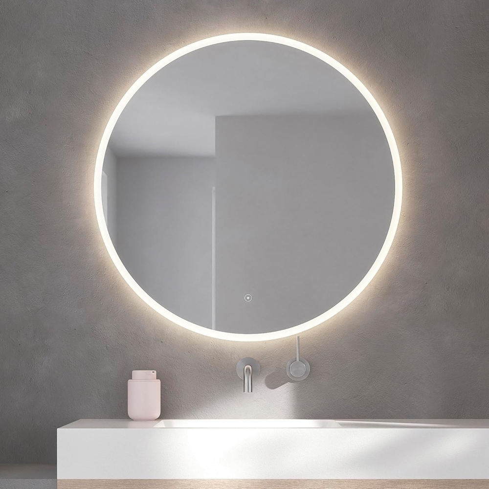 Loevschall Atlas Badspiegel mit Beleuchtung, Smart Mirror mit Touch-Schalter, Rundspiegel 80 cm, Badezimmerspiegel mit LED-Front- und Hintergrundbeleuchtung, Helligkeit Dimmbar, Warmweiß 3000K Licht Bild 1