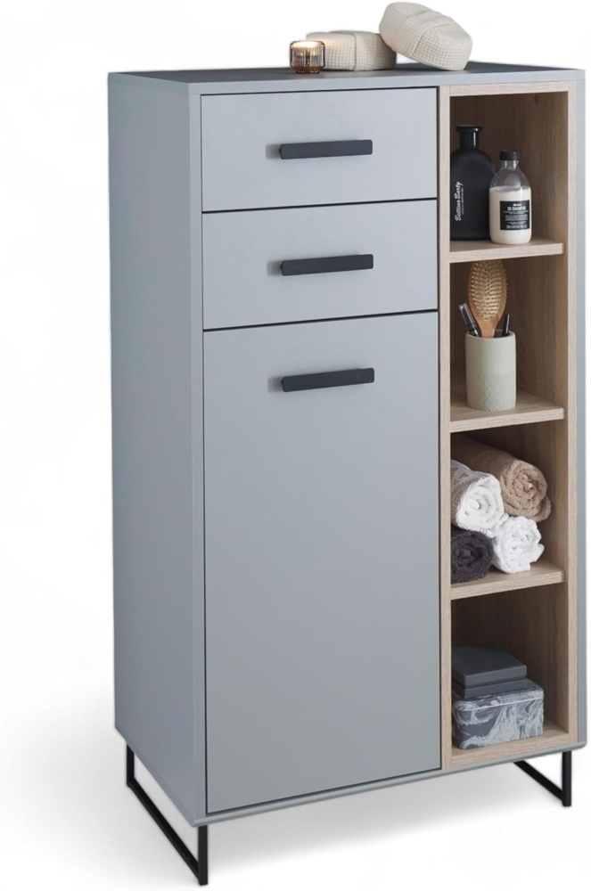 Stella Trading Tunis Badezimmer Kommode in Grau/Eiche Sonoma Optik - Badezimmerschrank Bad Schrank mit viel Stauraum - 65 x 116 x 38 cm (B/H/T) Bild 1