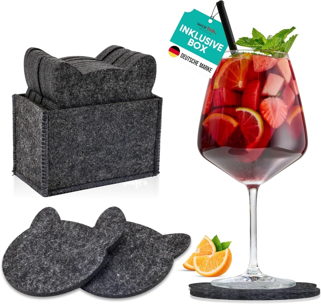 wortek Getränkeuntersetzer Filz-Untersetzer Katze für Gläser 10er Set + Box, Zubehör für Tisch & Gläser, Set, 10-tlg, waschbare Getränke Glasuntersetzer Gläser, Tischuntersetzer Filz 10 cm Bild 1