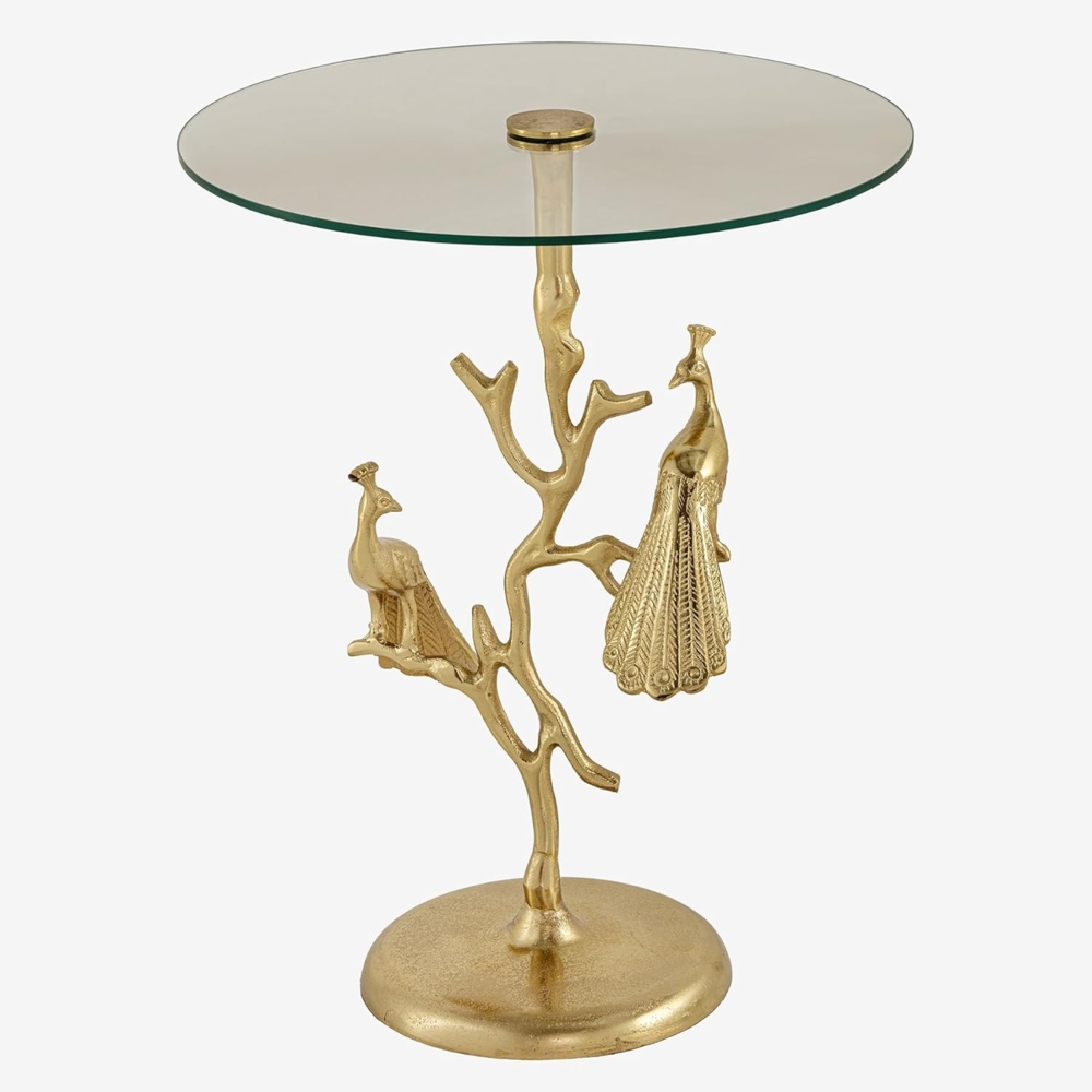 riess-ambiente Beistelltisch WILDLIFE PEACOCK 60cm gold / transparent · Wohnzimmertisch aus Metall (Einzelartikel, 1-St), mit Glas-Tischplatte · rund · handmade · Pfauen-Skulptur · Design Bild 1