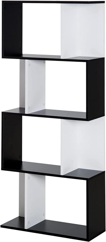 HOMCOM Bücherregal S-förmiges Standregal Lagerregal 4-stufige Vitrine mit Hardware-Schnalle moderner Raumteiler Spanplatte Schwarz+Weiß 60 x 24 x 148 cm Bild 1