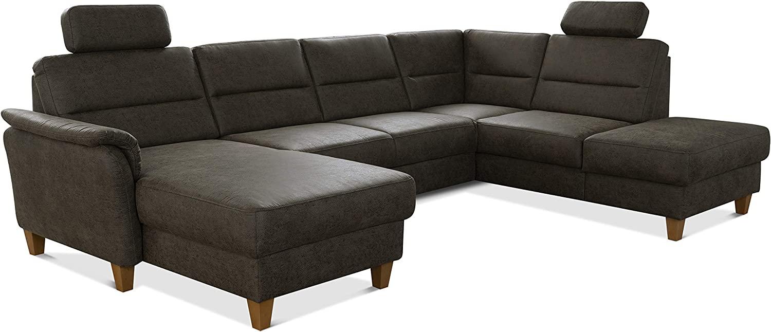 CAVADORE Wohnlandschaft Palera / U-Form Federkern-Sofa mit Schlaffunktion, Stauraum und 2 Kopfstützen / 314 x 89 x 212 / Mikrofaser in Lederoptik, Oliv Bild 1