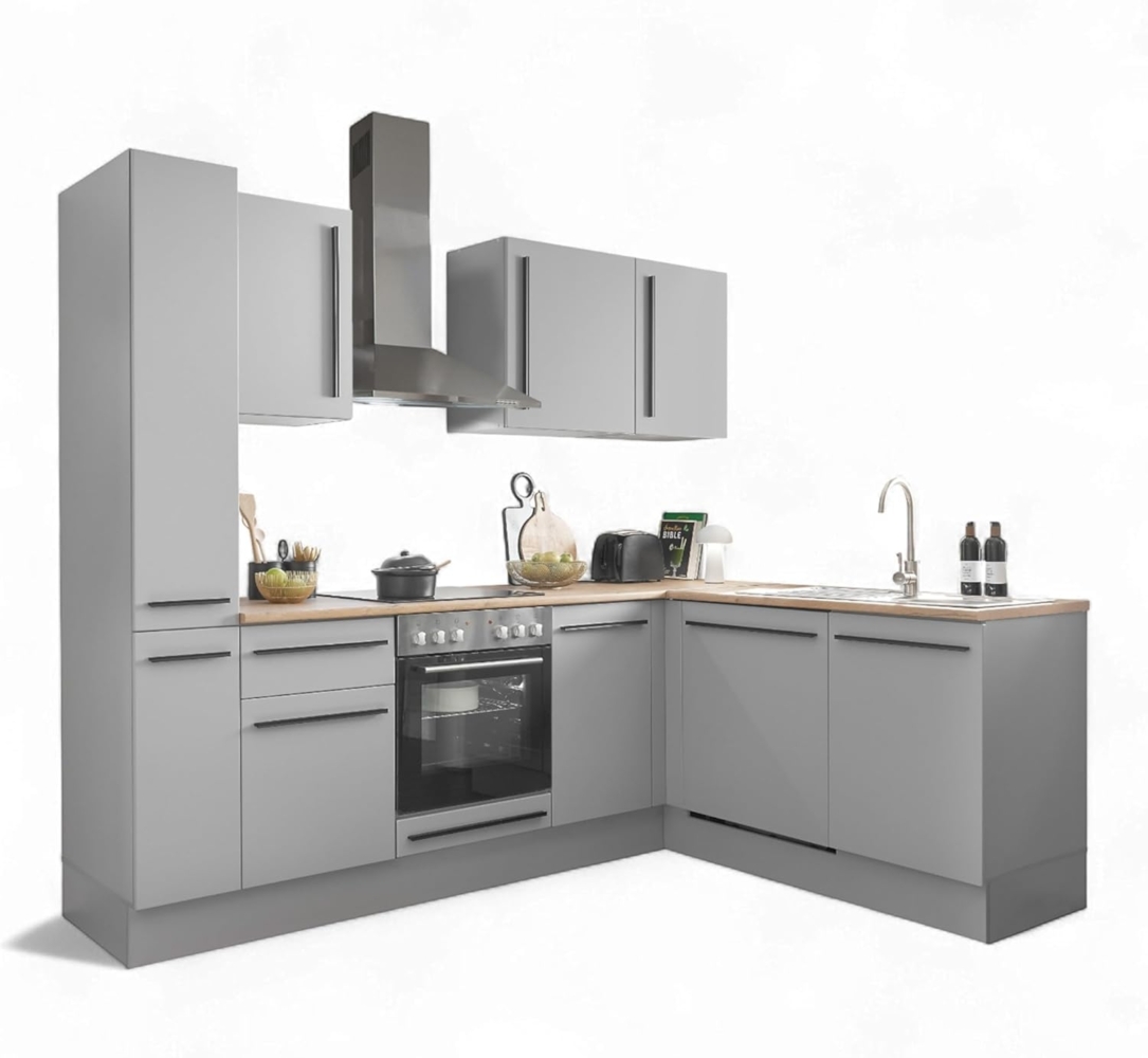 Denver Moderne Eckküche ohne Elektrogeräte in Grau, Lancelot Eiche Optik - Geräumige Küchenzeile in L-Form mit viel Stauraum - 250 x 211 x 60 cm (B/H/T) Bild 1