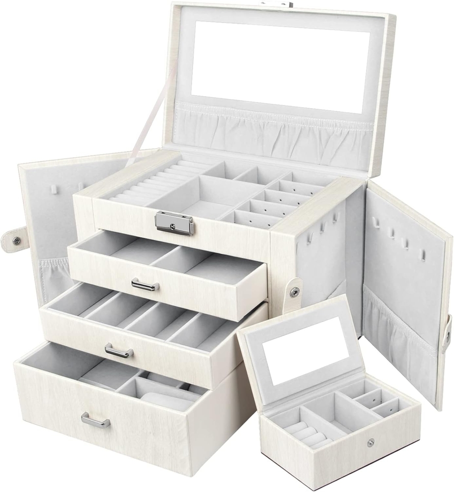 Yorbay Schmuckkasten Schmuckkoffer mit 4 Ebenen/2 Seitenfächern, Cremeweiß mit Holzmaserung (Abschließbar, Mit herausnehmbarer Mini-Box, Mit Spiegel), Schmuckkästchen für Halsketten/Uhren/Ringe/Armbänder/Ohrringe/Brille Bild 1