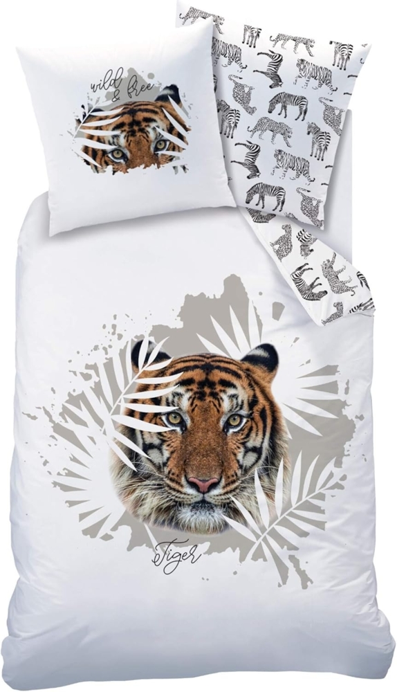 MTOnlinehandel Bettwäsche Tiger 135x200 + 80x80 cm, 100 % Baumwolle, Renforcé, 2 teilig, Wild & Free Safari Bettwäsche-Set für Kinder, Teenager & Erwachsene Bild 1