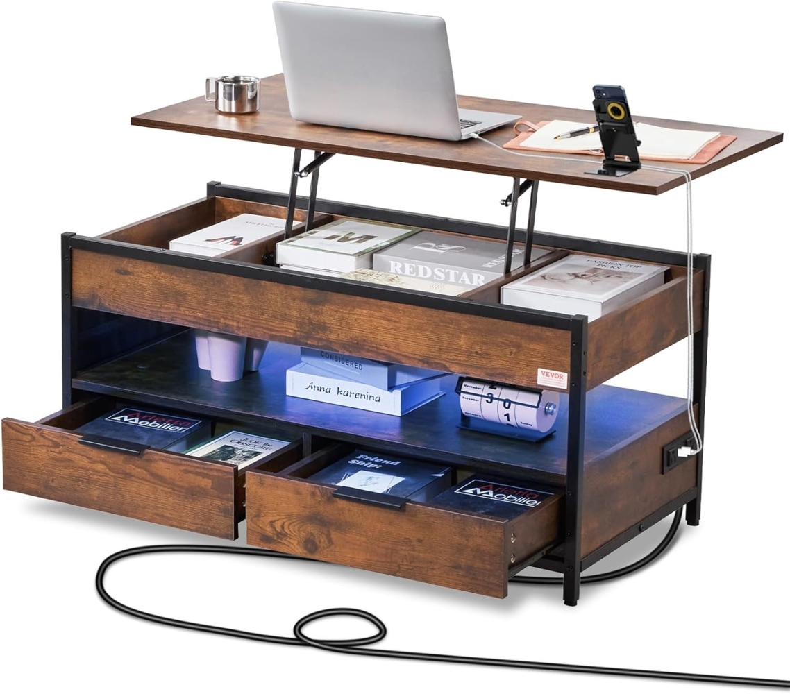 VEVOR Couchtisch Wohnzimmertisch mit anhebbarer Platte, Kaffeetisch mit Aufbewahrungstaschen, umklappbarer Couchtisch mit Steckdosenleiste & USB & Ambientebeleuchtung, 100 cm Couchtisch Braun Bild 1