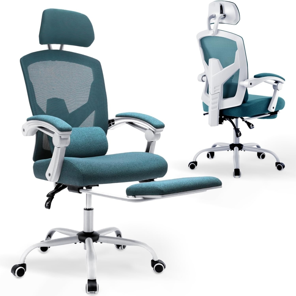 DUMOS Bürostuhl Ergonomisch - EIN Schreibtischstuhl mit Komfortarmlehnen, Ausgestattet mit Einer Bequemen Lendenwirbelstütze und Fußstütze, Office Chair Geeignet für Zuhause, Büro (Blau) Bild 1