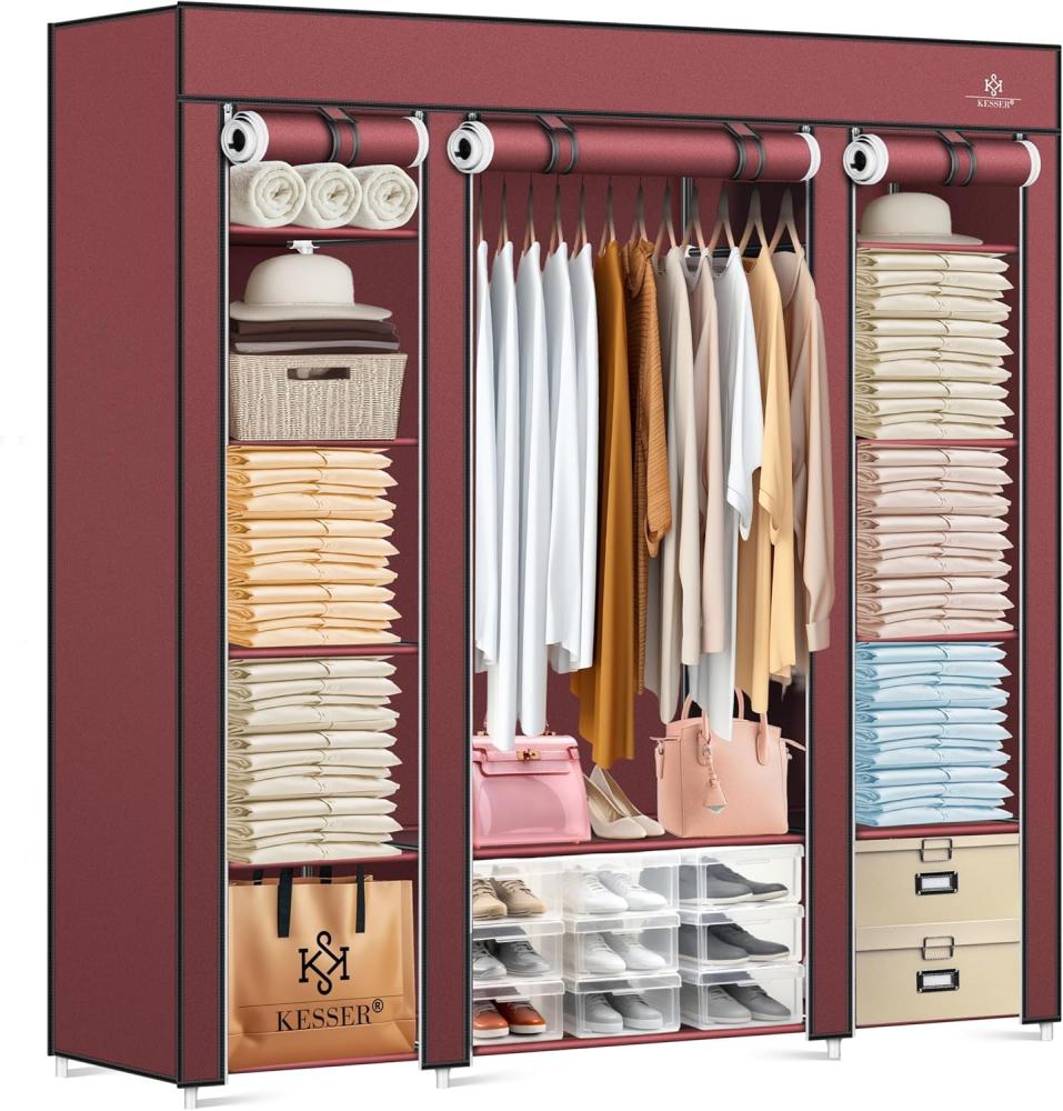 KESSER® Kleiderschrank Stoffschrank Stabil mit Kleiderstange & Ablagen, Inkl. 5x Kleiderbügel, Stoff Faltschrank für Schlafzimmer, Ankleidezimmer Garderobe mit Kleiderständer 150x45x175cm Bordeaux Rot Bild 1