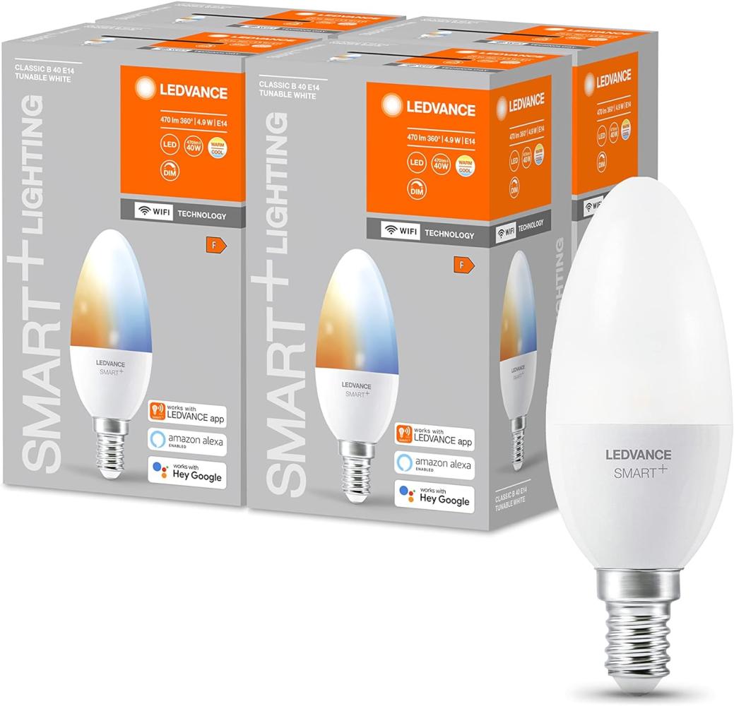 LEDVANCE Smarte LED-Lampe mit WiFi Technologie, Sockel E14, Dimmbar, Lichtfarbe änderbar (2700-6500K), ersetzt Glühlampen mit 40 W, SMART+ WiFi Candle Tunable White, 4er-Pack Bild 1