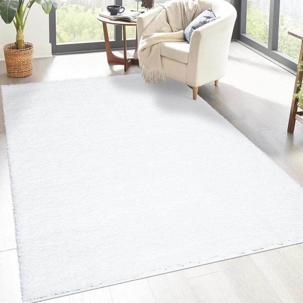 carpet city Shaggy Hochflor Teppich - 200x200 cm Quadratisch - Weiß - Langflor Wohnzimmerteppich - Einfarbig Uni Modern - Flauschig-Weiche Teppiche Schlafzimmer Deko Bild 1