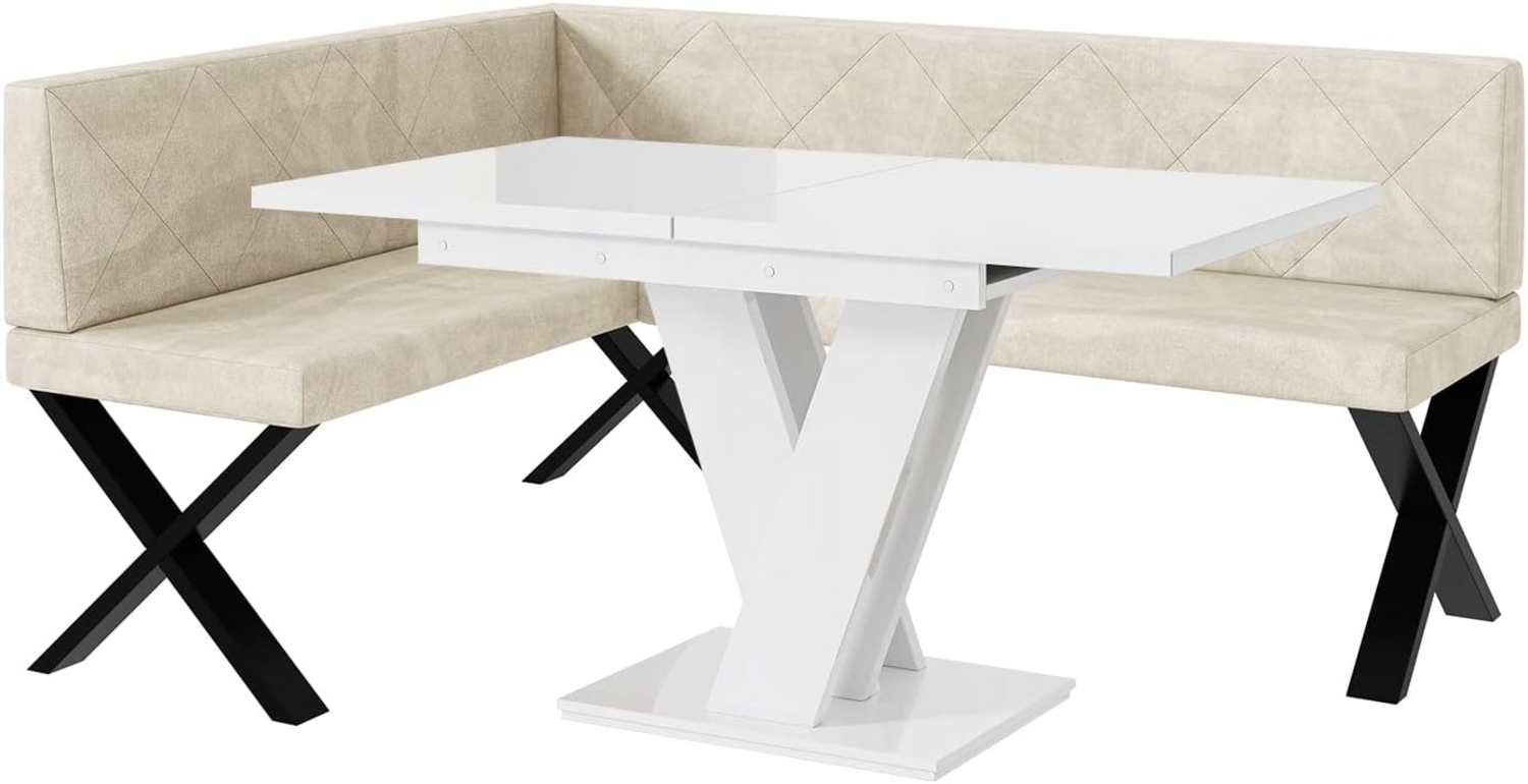 MEBLINI Eckbank für Esszimmer mit ausziehbarem Tisch - Küchenbank - Essecke - Sitzecke Küche - ERIC - X-Beine 128x168x87cm Links - Creme Samt/M Weiß Hochgl. Bild 1